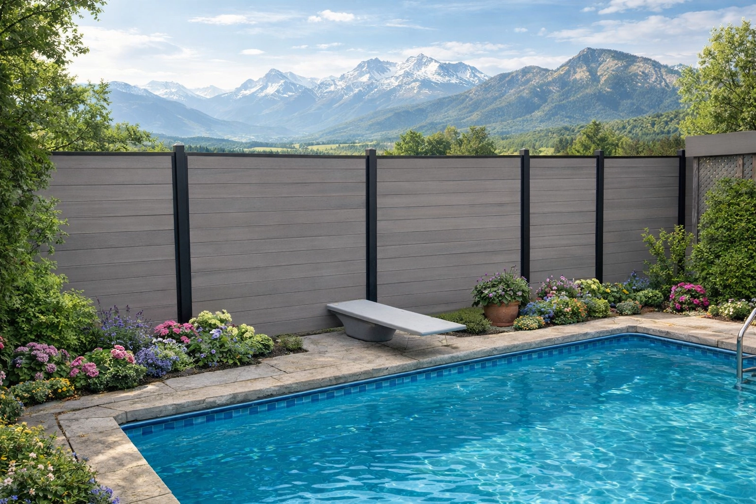 Modern backyard pool with privacy fence featuring TruNorth Slide and Go fencing system for durable low maintenance outdoor living