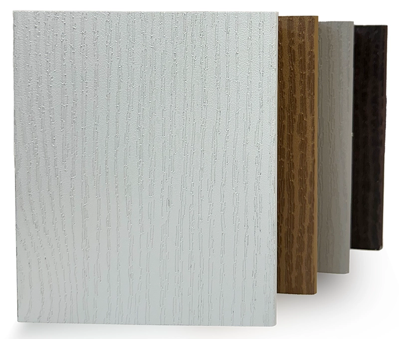 Composite and PVC decking sample boards showing colour and woodgrain options