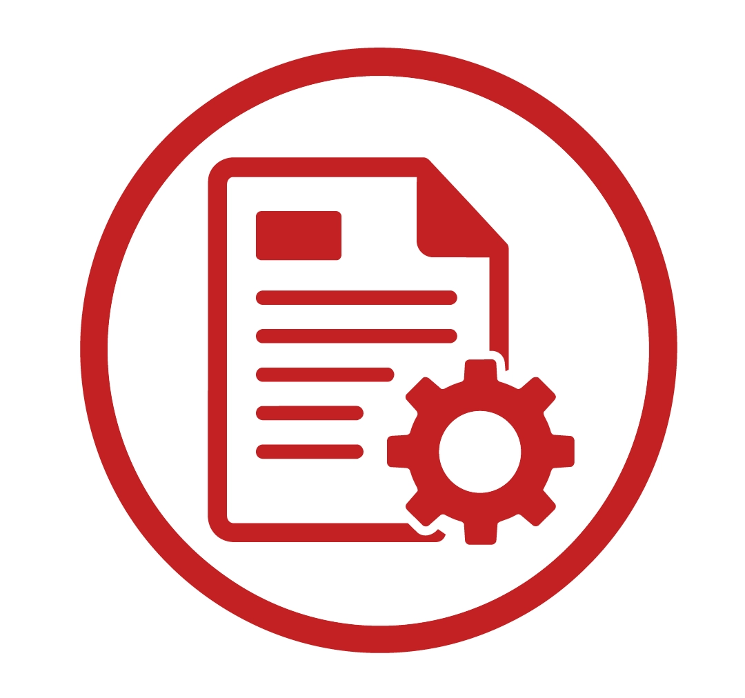 Icône de documents techniques montrant une fiche technique et un engrenage
