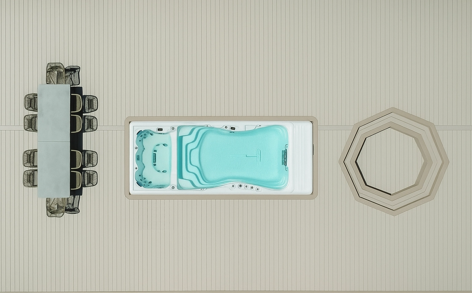 Top-down view of TruNorth Clubhouse Ultra PVC decking in Clay colour showing clean layout around pool and outdoor furniture