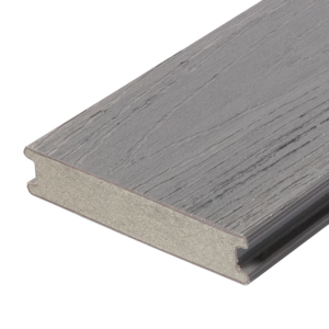 A close up cross section of a TruNorth Decking Accuspan board in the colour Amazon Grey