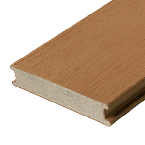 A close up cross section of a TruNorth Decking Accuspan board in the colour Brulee