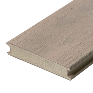 A close up cross section of a TruNorth Decking Accuspan board in the colour Hazelwood