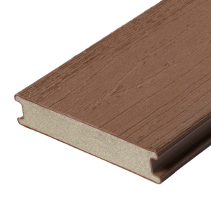A close up cross section of a TruNorth Decking Accuspan board in the colour Mocha