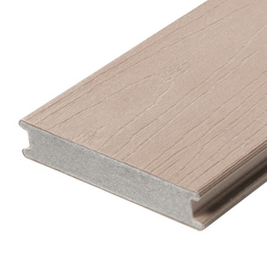 A close up cross section of a TruNorth Decking Accuspan board in the colour Sand