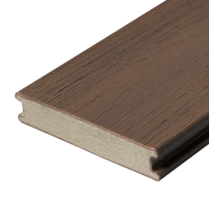 A close up cross section of a TruNorth Decking Accuspan board in the colour Tropical Walnut