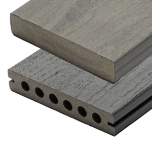 A close up cross section of a TruNorth Decking Enviroboard in the colour Amazon Grey