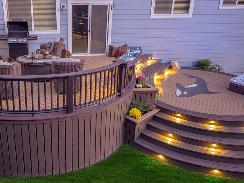 Custom TruNorth Clubhouse Ultra PVC deck with curved design and inlaid whale pattern showcasing board bending and creative shaping
