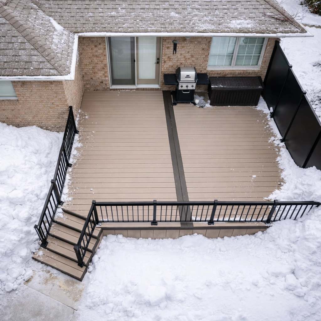 PVC deck in winter with snow showing durability in Canadian climate conditions