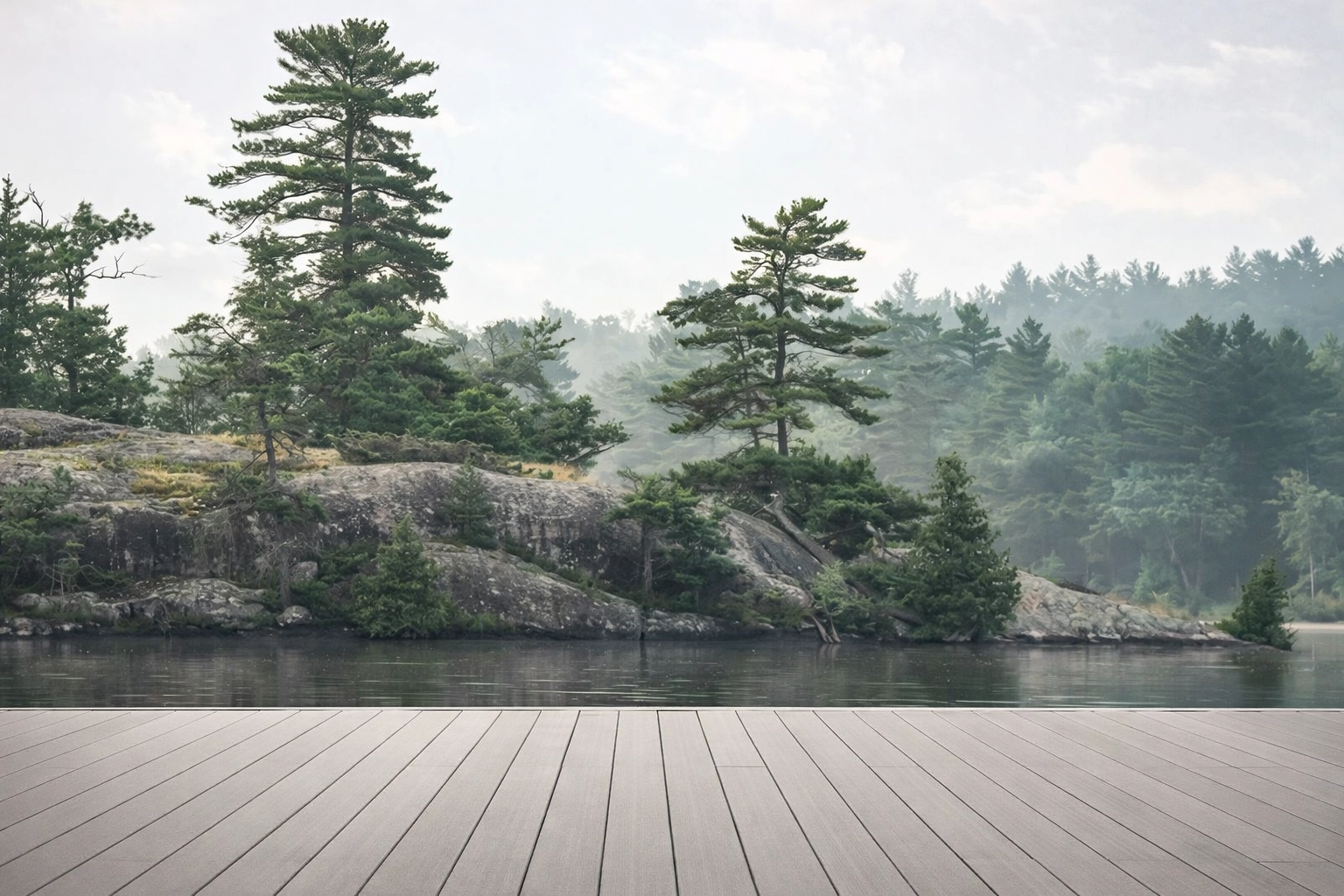 PVC deck overlooking northern Ontario lake with Canadian Shield landscape and trees