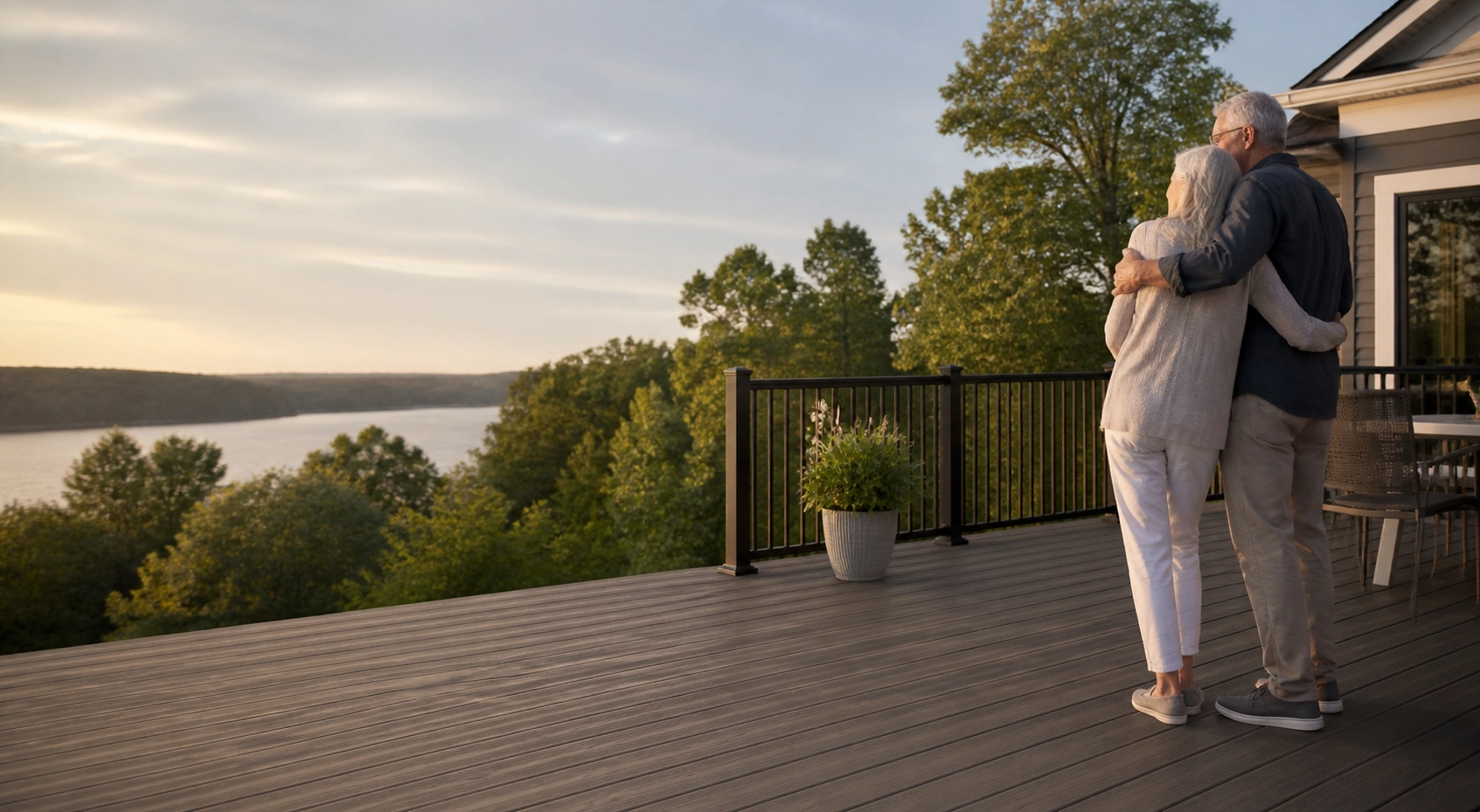 Older couple embracing on a low-maintenance composite deck overlooking a scenic landscape