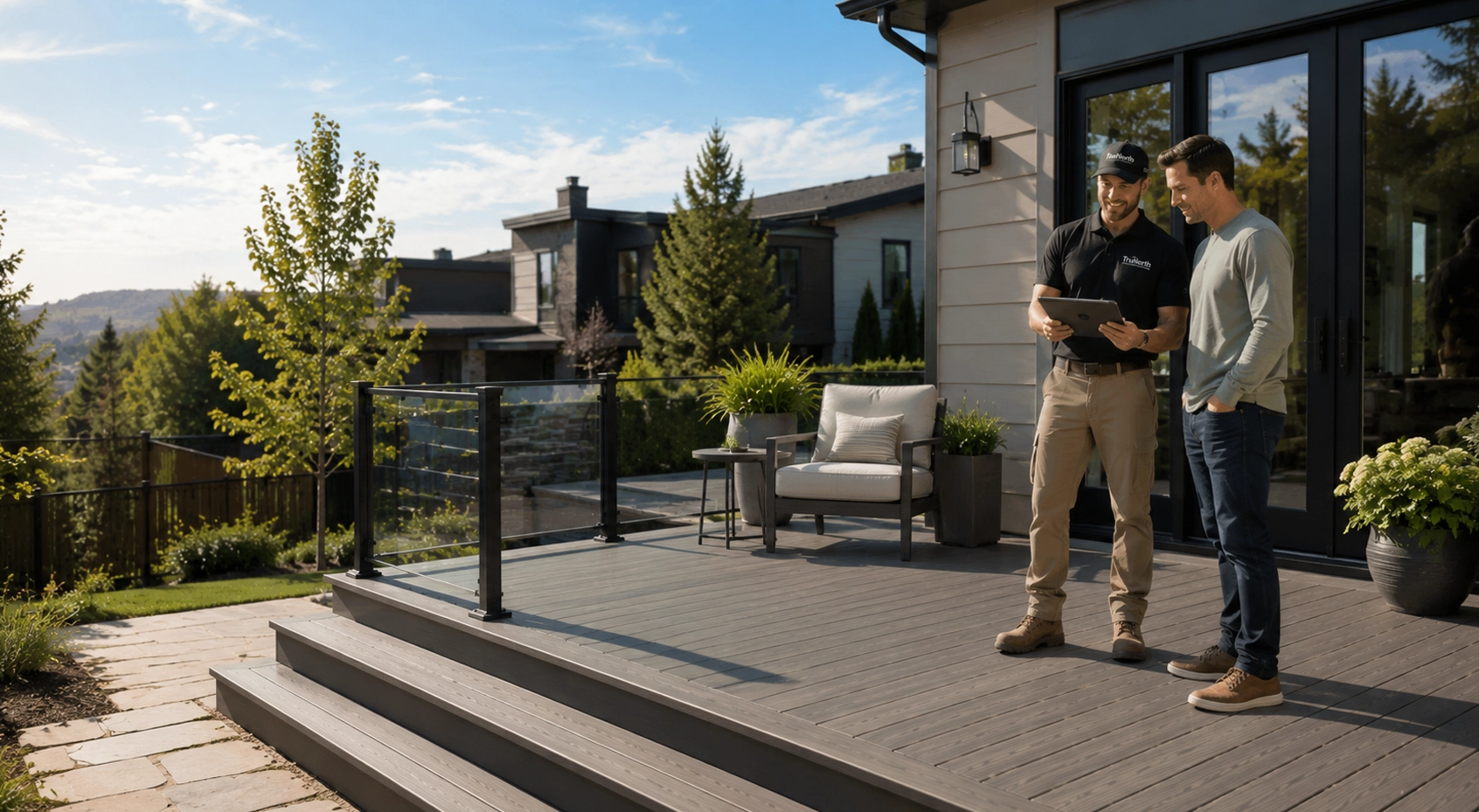 Professional contractor installing TruNorth composite decking on a modern outdoor living project for residential construction.