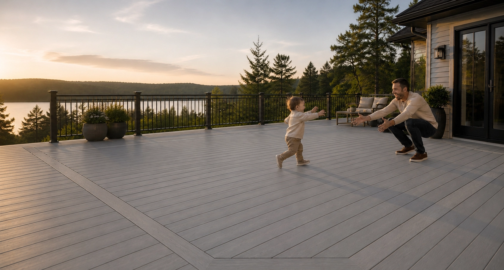 Modern outdoor living space featuring TruNorth composite decking with stylish railing and premium backyard design.