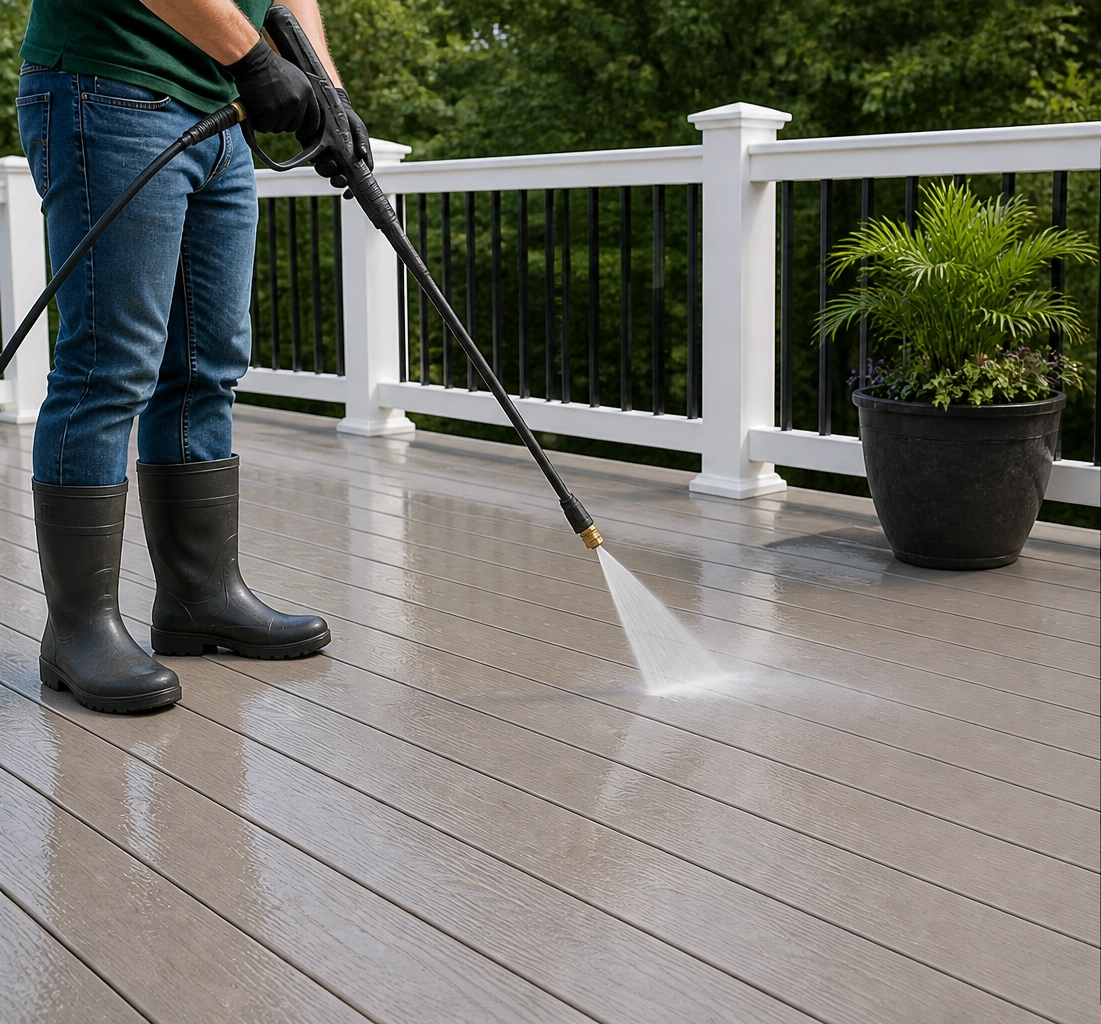 Cleaning TruNorth composite decking with proper pressure washing techniques for safe deck maintenance and care.